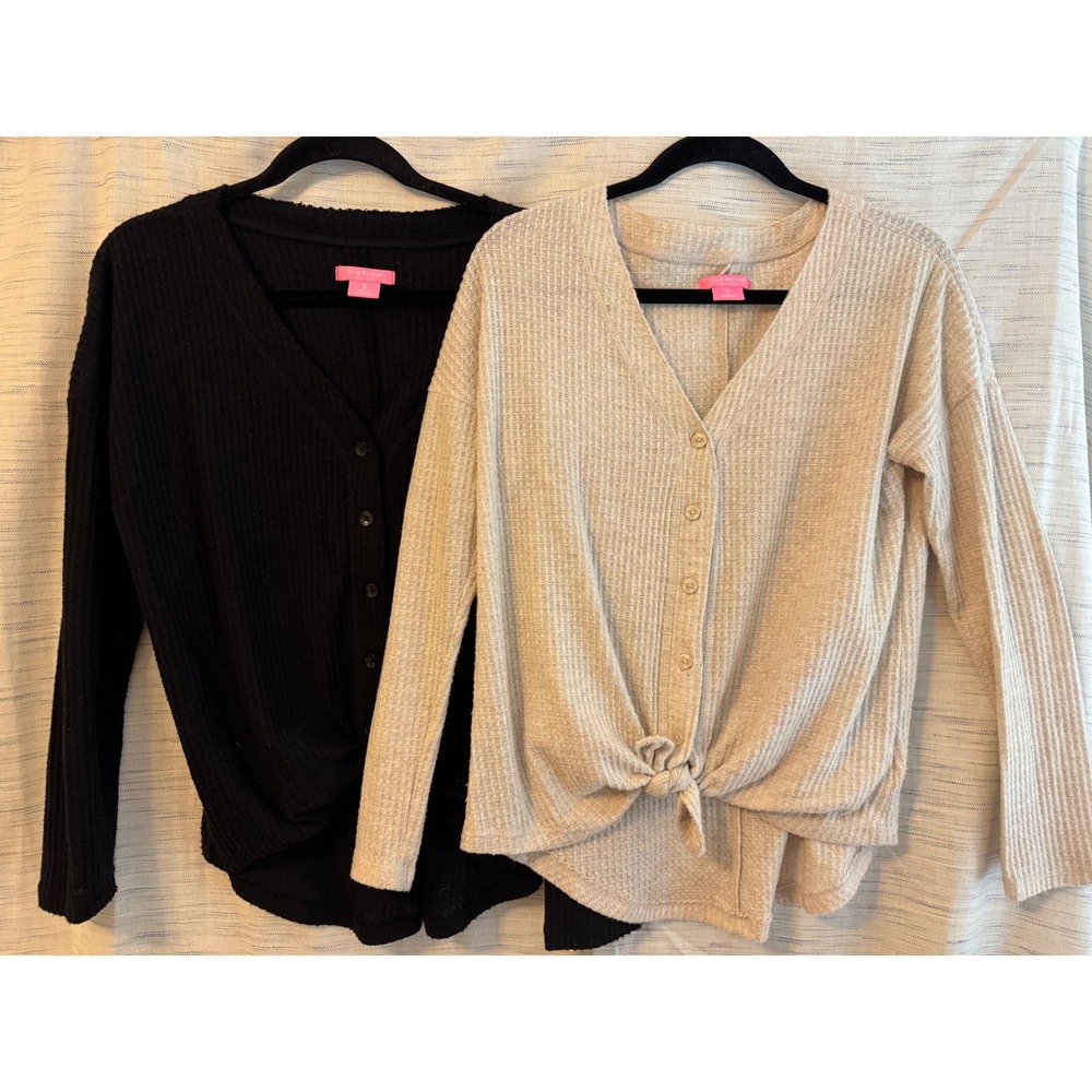 Isaac Mizrahi New York Waffle Knit Tie Front Cardigan Set Black Oatmeal Small